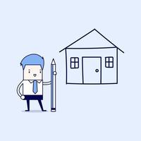 Businessman drawing house plan by pencil. Cartoon character thin line style vector. vector