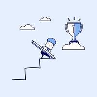 Businessman use pencil to create his own stair to success. Cartoon character thin line style vector. vector