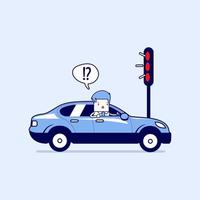 Businessman confusing with red traffic light. Cartoon character thin line style vector. vector