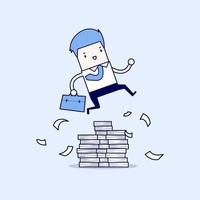 Businessman or manager jumping over obstacles. Large stack of documents. Cartoon character thin line style vector. vector