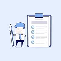 Businessman holding a pencil looking at a completed checklist on clipboard. Cartoon character thin line style vector. vector