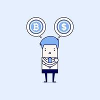 Businessman with Bitcoin or dollar choices. Cartoon character thin line style vector. vector