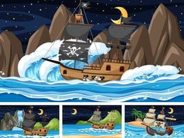 Set of Ocean with Pirate ship at different times scenes  in cartoon style vector