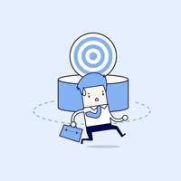 Businessman running around the target. Cartoon character thin line style vector. vector