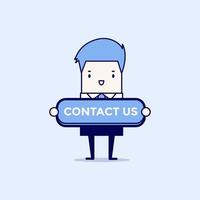 Businessman with contact us button. Cartoon character thin line style vector. vector