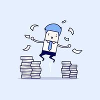 Happy businessman jumping and a mountain of documents. Cartoon character thin line style vector. vector