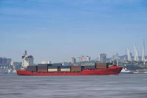 Seascape with a red container ship on the background of the cityscape. photo