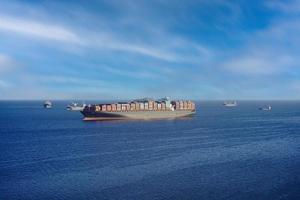 Seascape with a large container ship on the horizon. photo