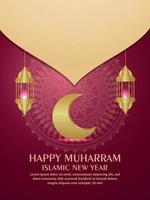 Happy muharram islamic new year invitation party flyer with gold moon and lanterns vector