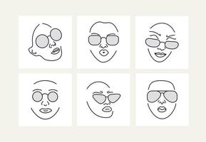 conjunto de retratos femeninos con gafas. dibujo lineal. vector