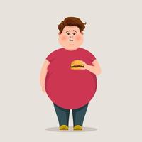 chico gordo con hamburguesa. Ilustración del concepto. vector