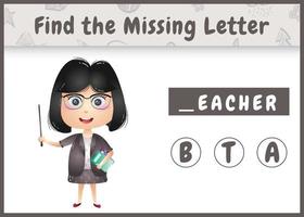 educational spelling game for kids find missing letter with a cute teacher girl vector