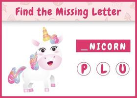 educational spelling game for kids find missing letter with a cute unicorn vector