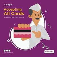 Banner design of accepting all cards and other payment modes cartoon style template vector