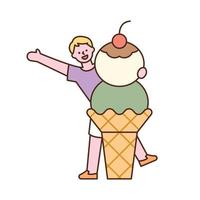 A boy greets behind an ice cream stacked on a waffle cone. flat design style minimal vector illustration.