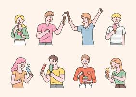 People eating various types of ice cream. flat design style minimal vector illustration set