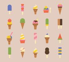 varios iconos de helados en diferentes sabores. conjunto de ilustración de vector mínimo de estilo de diseño plano