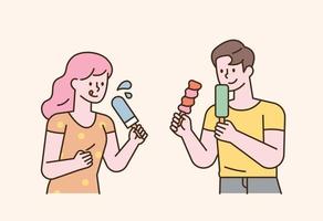 People eating ice cream sticks. flat design style minimal vector illustration.