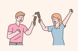 A couple is eating ice cream by splitting it in half. flat design style minimal vector illustration.