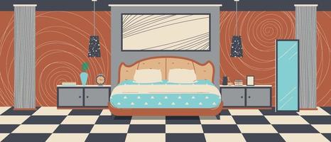 Diseño de dormitorio, sala de estar interior con cama temática marrón. vector