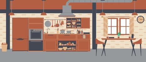 Diseño de sala de cocina, sala de cocina interior de tema marrón.