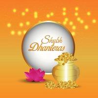 Tarjeta de felicitación de invitación shubh dhanteras con una creativa olla de monedas de oro sobre fondo amarillo vector