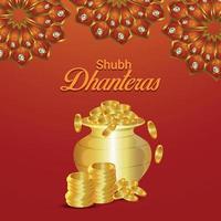 Happy dhanteras invitation greeting card with creative gold coin pot on pattern background vector