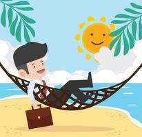 businessman relaxing in hammock at beach vector