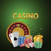 Casino gambling game with creative gold coins, roulette wheel and playing cards vector