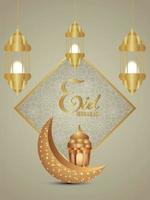 Realistic eid mubarak or ramadan kareem background with moon and lanterns vector