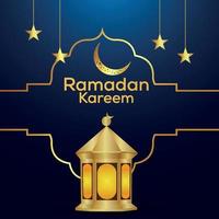 Ramadan kareem islamic festival invitation greeting card with vector lantern and golden moon