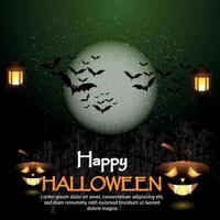 Halloween night moon composition with glowing pumpkin, bats flying on horror background vector