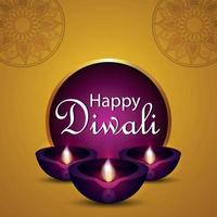 Happy diwali invitation greeting card with realistic diwali diya on yellow background vector