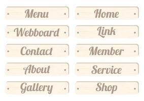 wood board menu bar with wording, menu, home, webboard, link, contact, member, about, service, gallery, shop for website design vector