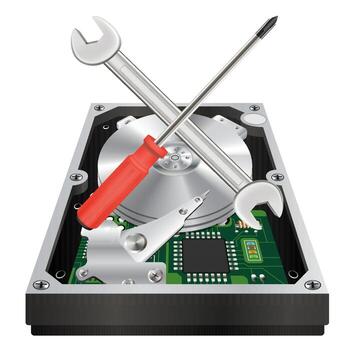 inside view of a internal hard disk with wrench and screwdriver vector