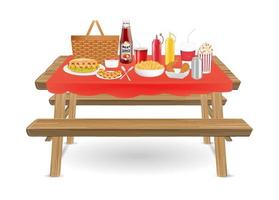Mesa de picnic de madera con comida rápida y bebidas. vector