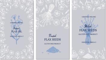 Hand drawn flax vertical design. Vector illustration in sketch style for linen seeds and oil packaging
