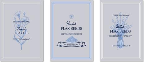 Set of hand drawn flax vertical designs. Vector illustration in sketch style for linen seeds and oil packaging