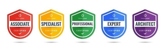 Certified logo badge shield design for company training badge certificates to determine based on criteria. Set bundle certify with colorful security vector illustration.