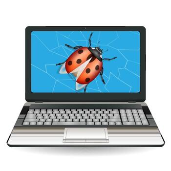broken laptop computer destroyed by a bug vector