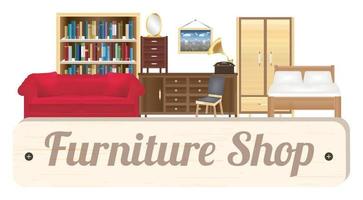 furniture shop wood board with sofa, bookcase, desk, chair, wardrobe and bed vector