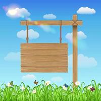 hang wood board sign with grass and sky vector