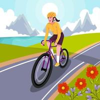 Happy Woman Riding Bicycle on Hill vector