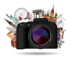 real compact travel camera with world landmarks vector