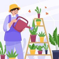 Man Watering Plants in Greenhouse vector