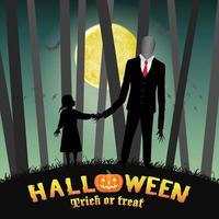 halloween, delgado, alto, hombre, con, niña, en, bosque vector