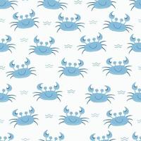 Seamless cute blue crab pattern, cartoon hand drawn animal doodles. Vector illustration background. Funny crabs with waves.