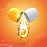 White and orange pill capsule with drop of vitamin C. Orange poster with abstract vitamin C vector