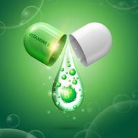 Cápsula de píldora verde y blanca con gota de vitamina b2. cartel verde con vitamina b1 abstracta