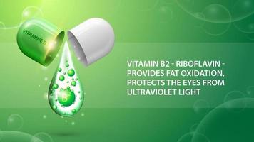 Vitamin B2, green information poster with abstract pill capsule with drop of vitamin B2 vector